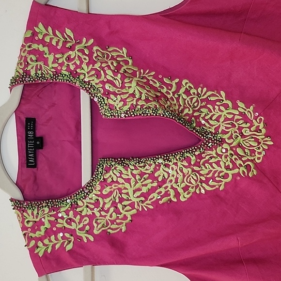 Lafayette148 Pink 100% Linen Beaded Embroidered Tailored Sleeveless Blouse SZ 8 - Picture 3 of 12
